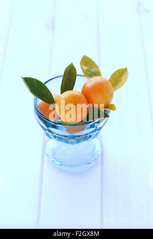 Entièrement mûres calamondin, Kumquat, Citrofortunella microcarpa dans un bol en verre sur planche de bois Banque D'Images