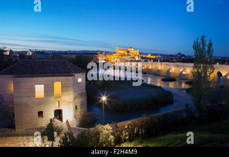 Saint Antonio moulin à eau sur le Guadalquivir à Cordoue, Espagne. Scène de nuit avec certains couples assis et la mosquée à bas Banque D'Images