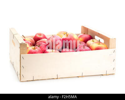 Des caisses en bois plein de produits frais et juteux pommes rouges tourné sur fond blanc Banque D'Images