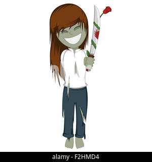 Zombie girl avec surprise - Jolie petite brunette girl zombie vous donne une machette sanglante avec une rose Banque D'Images