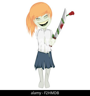 Zombie girl avec surprise - jolie petite fille zombie gingembre vous donne une machette sanglante avec une rose Banque D'Images