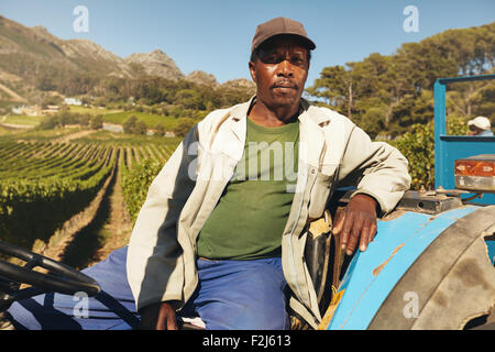 L'Afrique de l'homme mature au volant de son tracteur. Farmer est assis sur son tracteur dans un vignoble. Banque D'Images