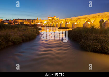 Guadalquivir à Cordoba, avec pont romain et de la mosquée dans le bas, l'Espagne. Scène de nuit Banque D'Images