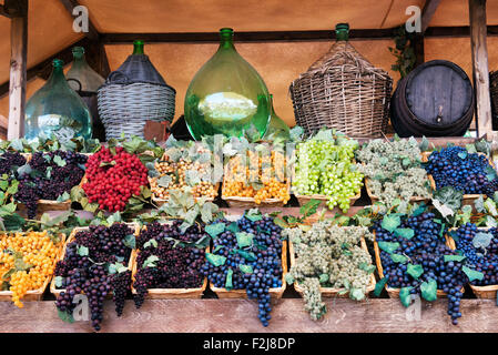 Affichage des raisins de couleur assortis dans les bacs en osier ci-dessous une étagère de bouteilles de stockage du vieux vin dans une cave, taverne ou marché, Banque D'Images