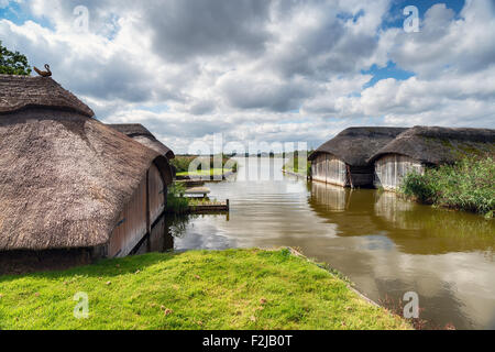 Bateau en bois de chaume maisons sur l'eau à large Hickling à Norfolk Banque D'Images