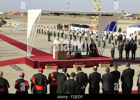 Israël, le Pape François s'exprime lors de la cérémonie d'accueil à l'aéroport Ben Gourion Banque D'Images