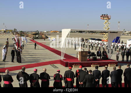 Israël, le Pape François s'exprime lors de la cérémonie d'accueil à l'aéroport Ben Gourion Banque D'Images