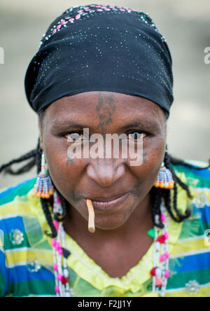 Le Bénin, en Afrique de l'Ouest, Gossoue, une belle tribu peul peul tatoué woman portrait Banque D'Images