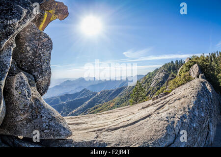 Moro rock contre le soleil, dôme de granit unique rock formation à Sequoia National Park, USA. Banque D'Images