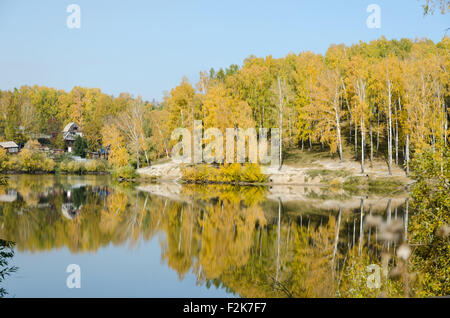 Forest lake à sunny day aurumn en Sibérie Banque D'Images