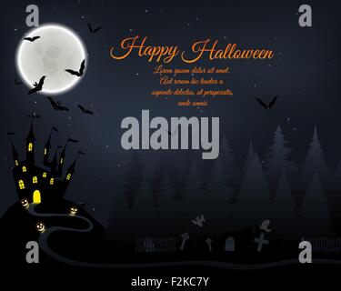 Message d'Halloween Invitation (carte). Design élégant avec un château en forêt de sapins, battant les chauves-souris, de la Lune et le cimetière avec des fantômes plus grunge fond de ciel étoilé bleu foncé. Vector illustration. Illustration de Vecteur