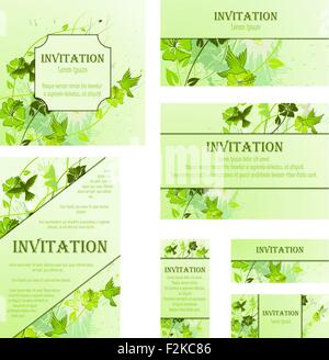 Jeu de cartes d'Invitation avec d'autres tailles et formats. Design élégant avec des fleurs de printemps, les papillons et les oiseaux plus grunge fond vert avec des taches d'encre. Vector Illustration. Illustration de Vecteur