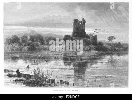 Bois gravés de imprimer le Château de Ross, Killarney, Irlande. Le Château de Ross est une tour du Xvème siècle maison et garder sur le bord de Lough Leane, dans le Parc National de Killarney, comté de Kerry, Irlande. Banque D'Images