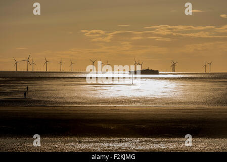 Le coucher du soleil. Crosby Beach Mersey Merseyside nord-ouest de l'Angleterre. IOMSP Manannan catamaran. Banque D'Images