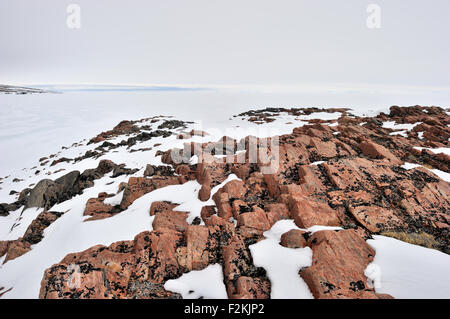 Les roches dans le paysage de l'Arctique avec floe edge dans la baie, île Bylot, baie de Baffin, Nunavut, Canada. Banque D'Images