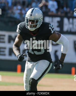 Oakland USA CA. 20 Sep, 2015. Oakland WR #  15 Michael Crabtree a eu neuf pour 111 verges au cours de NFL football match entre les Ravens de Baltimore et l'Oakland Raiders 37-33 gagner à O.co Coliseum Stadium Oakland Californie Thurman James/CSM/Alamy Live News Banque D'Images