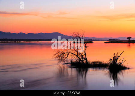 Le Zimbabwe, Urungwe District, Mana Pools National Park, coucher du soleil à Zambezi Banque D'Images