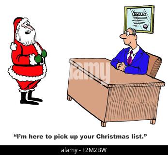 Caricature de Noël Père Noël dit à manager, 'Je suis ici pour récupérer votre liste de Noël'. Banque D'Images
