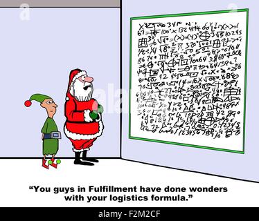 Dessin animé de Noël du Père Noël et de formules complexes, disant à Elf, '... Réalisation ont fait des merveilles avec votre logistique...'. Banque D'Images