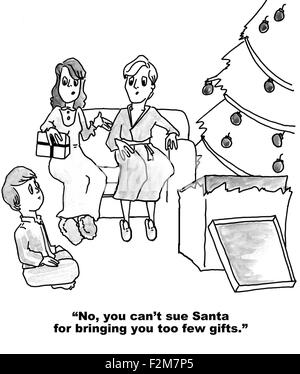 Caricature de Noël garçon cadeaux ouverture et la mère dit : "Non, vous ne pouvez pas intenter de Santa pour vous apportant trop peu de cadeaux'. Banque D'Images