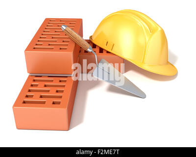 Casque de sécurité avec des briques perforées rectangulaires et truelle. Rendu 3D illustration, isolé sur fond blanc. Angle, Côté vie Banque D'Images