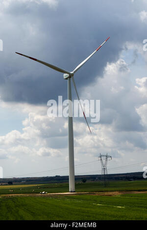 Éolienne et la transmission de haute puissance en vert les fils de terres agricoles. Banque D'Images