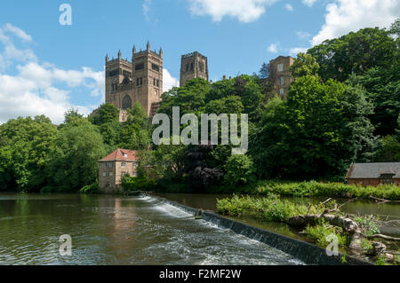 Cathédrale de Durham et le vieux moulin à foulon sur la rivière l'usure. Durham, England, UK. Banque D'Images
