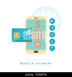 Vector illustration du concept de paiement mobile avec téléphone et interface de carte de crédit. Banque D'Images