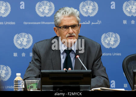 New York, siège des Nations Unies à New York. Sep 21, 2015. Mogens Lykketoft, Président de la 70e session de l'Assemblée générale des Nations Unies, des mémoires de journalistes au siège des Nations Unies à New York, 21 septembre 2015. © Muzi Li/Xinhua/Alamy Live News Banque D'Images