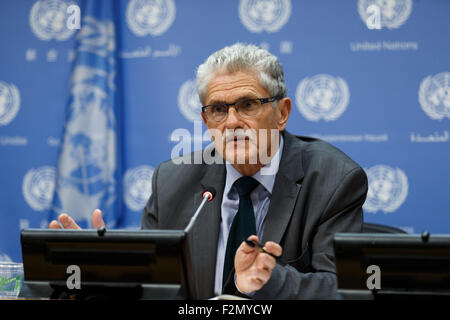 New York, siège des Nations Unies à New York. Sep 21, 2015. Mogens Lykketoft, Président de la 70e session de l'Assemblée générale des Nations Unies, des mémoires de journalistes au siège des Nations Unies à New York, 21 septembre 2015. © Muzi Li/Xinhua/Alamy Live News Banque D'Images