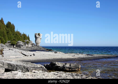 Cache-pot formation rocheuse (piles de mer naturelle) dans la distance, l'île Flowerpot, Tobermory, Ontario, Canada. Banque D'Images