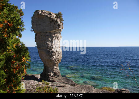 Grand Cache-pot formation rocheuse (piles de mer naturelle), l'île Flowerpot, Tobermory, Ontario, Canada. Banque D'Images