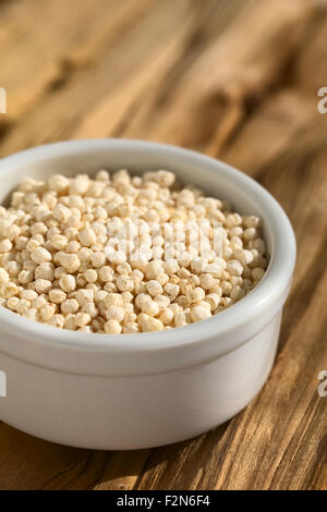 Le quinoa blanc sauté (lat. Chenopodium quinoa) dans un petit bol de céréales, photographiés avec lumière naturelle Banque D'Images