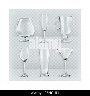 Ensemble de verres transparents verres à pied, verres à cocktail, collection vector illustration, icônes Illustration de Vecteur