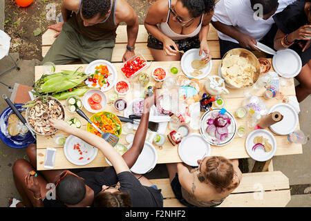 High angle view of friends enjoying barbecue jardin Banque D'Images