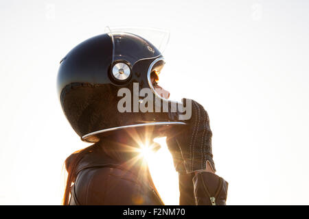 Caucasian woman wearing casque de moto