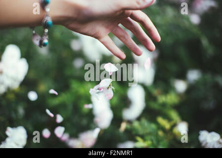 Caucasian woman jouer avec pétales de fleurs Banque D'Images