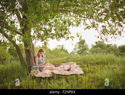 Caucasian girl reading book sous tree in field Banque D'Images