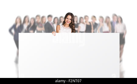 Businesswoman holding un grand placard Banque D'Images