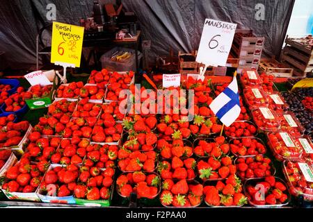 Helsinki, Finlande. Barquettes de mûres fraîches fraises finlandais en vente sur étal de fruits dans la place du marché Banque D'Images