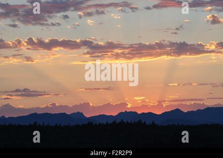 Coucher de soleil avec des rayons crépusculaires sur les montagnes olympiques photographiée près de Shelton, WA, USA. Banque D'Images