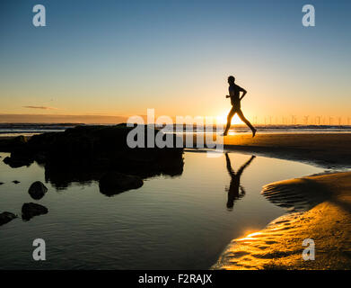Seaton Carew, UK. 23 Septembre, 2015. Météo : Équinoxe d'automne. Jogger sur Seaton Carew beach au lever du soleil sur un glorieux premier jour de l'automne sur la côte nord-est de l'Angleterre. Credit : Alan Dawson News/Alamy Live News Banque D'Images