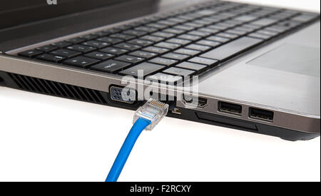 Câble réseau Internet sont connectés à l'ordinateur portable sur fond blanc Banque D'Images