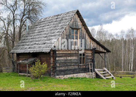 Log cabin solitaire entouré de paysage rural au début du printemps Banque D'Images