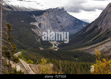 Regardant vers le bas sur la Promenade des glaciers dans le parc national de Banff, dans les Rocheuses canadiennes, Alberta, Canada, Amérique du Nord. Banque D'Images