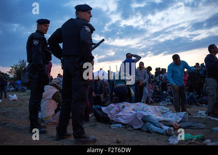 Bapska passage de la frontière entre la Serbie et la Croatie. 23 Septembre, 2015. Regardez sur la police croate comme une vague de réfugiés sont arrivés à la ville frontière de Bapska par la frontière serbe. Credit : Rey T. Byhre/Alamy Live News Banque D'Images