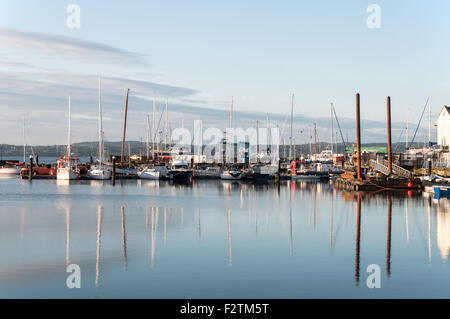 Petits bateaux et yachts amarrés au port de plaisance à Carrickfergus (Irlande du Nord, au lever du soleil Banque D'Images