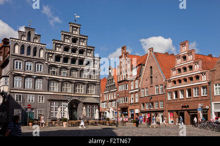 Maisons à pignons, Platz Am Sande, place dans le centre-ville historique, ville hanséatique de Lunebourg, Basse-Saxe, Allemagne Banque D'Images