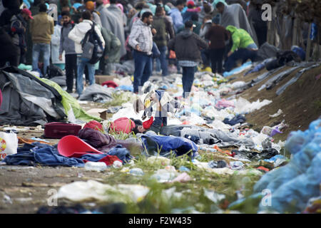 La Hongrie. Sep 23, 2015. L'Europe, la Serbie, Sid, frontière croate serbe de Bapska, 24 septembre 2015 : les vagues de migrants qui traversent la frontière entre la Croatie et la Serbie pendant la nuit et tôt le matin. Après avoir traversé la frontière, ils seront chargés sur des bus pour le camp d'Opatovac refugges en territoire croate. © Danilo Balducci/ZUMA/Alamy Fil Live News Banque D'Images