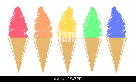 Plusieurs couleurs illustré ice cream cones isolé sur fond blanc. Banque D'Images